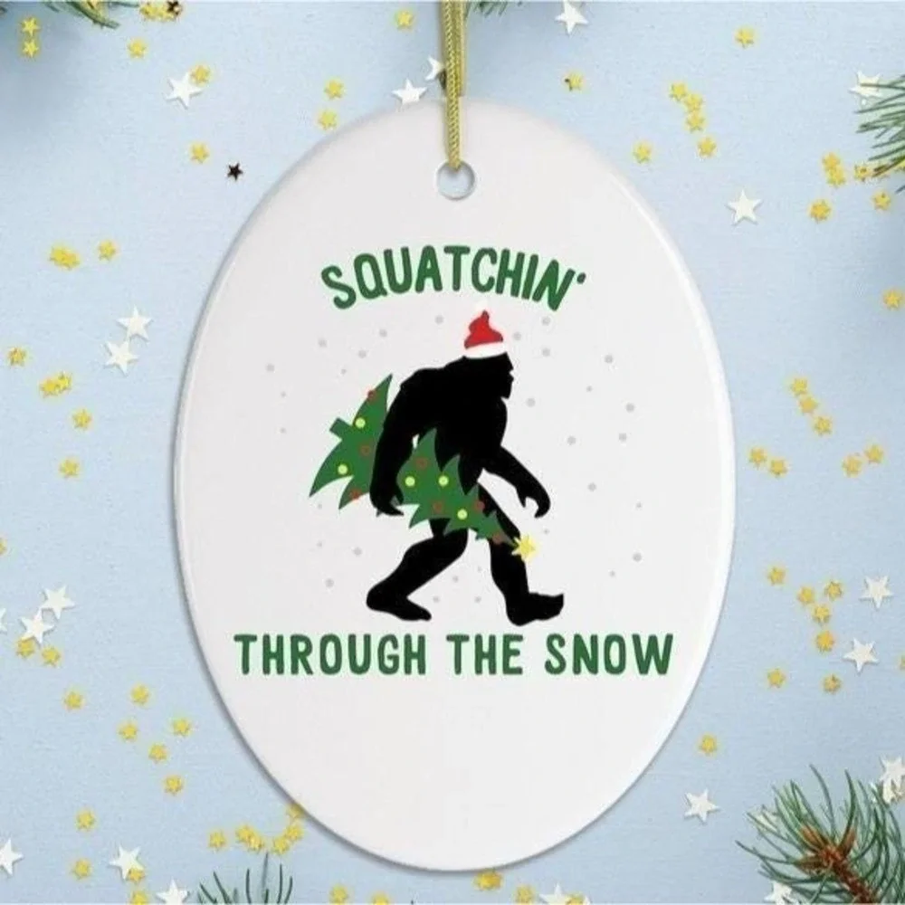 Sasquatch Bigfoot‎ Squatchin' Through the Snow Ceramic Christmas Ornament Funny